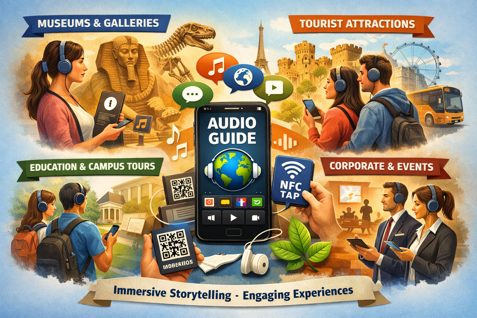 Illustration showing audio-guide.in applications across museums, tourism, education, and corporate events